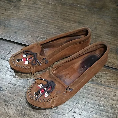 Minnetonka Womens Sz 8.5 Moccasins Shoes Slip On Brown Beaded Thunderbird Leathe • $17.39