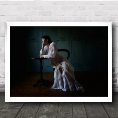 Woman Long White Dress Lean On Table Wall Art Print • £74.99