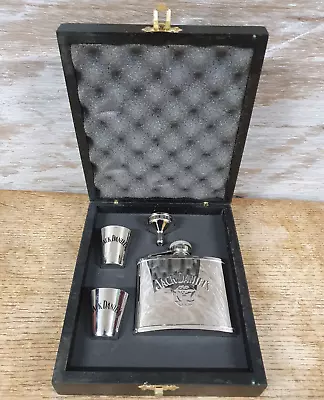 Jack Daniel's Flask Funnel & 2x Shot Glasses Set In Black Case Stainless Steel • £20