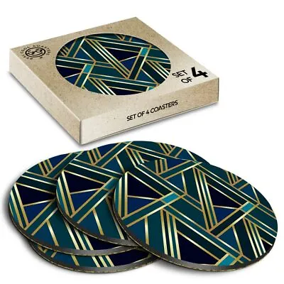 £7.99 • Buy 4 X Boxed Round Coasters - Green Gold Art Deco Geometric  #12546