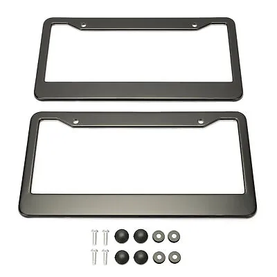 2PCS Black Stainless Steel Metal License Plate Frame + Screw Cap Label Set • $7.40