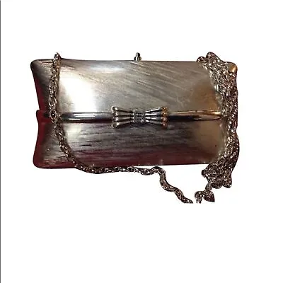 RODO Italy Vintage Silver Metallic Rhinestone Leather Clamshell Clutch Evening • $79.99