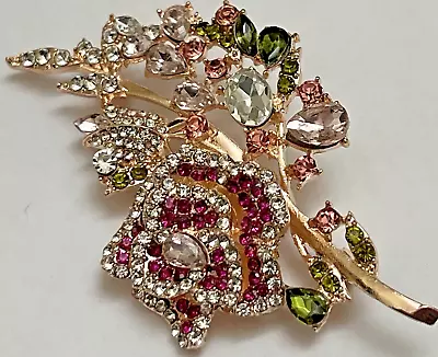 Pink Purple Flower Crystal Glass Rhinestone Brooch Pin Rose Tone Clear Vintage • $13.49