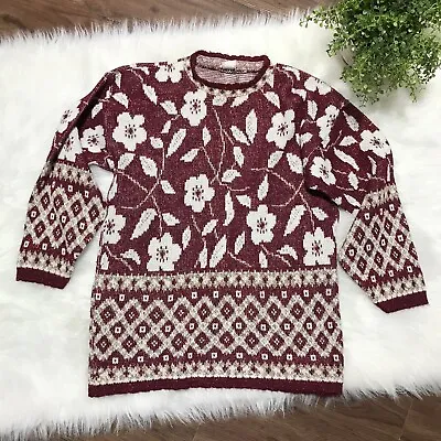 Vintage Holiday Time Women Floral Knit  Size M Red Gold White Long Sleeves • $19.99