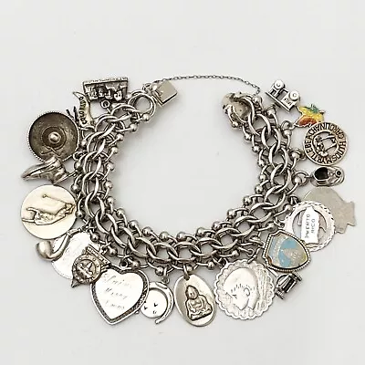 Vintage Loaded Sterling Silver Heavy Double Link Chain 20 Charm Bracelet 83.5g • $349.98