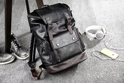 Men Fashion Backpack Faux Leather Travel Rucksack Laptop School College Bag • £28.99