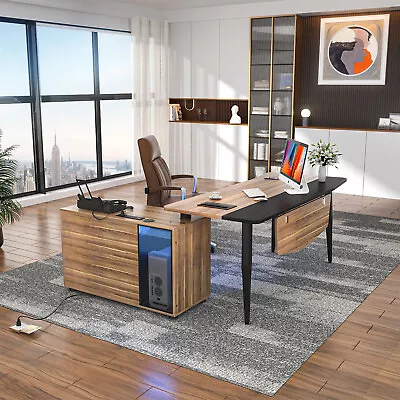 L Shaped Desk +File Cabinet &Power Outlet 55   Large Corner Computer Desks +LED • $139.99