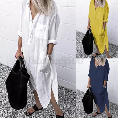 $26.59 • Buy ZANZEA Women Causual Pure Cotton Shirt Dress Long Sleeve Kaftan Basic Solid Gown