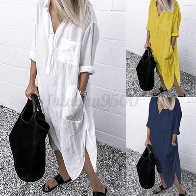 $26.59 • Buy ZANZEA Women Causual Pure Cotton Shirt Dress Long Sleeve Kaftan Basic Solid Gown