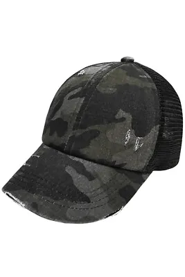 C.C Women's Camouflage Washed Denim With Crossed Elastic Band Mesh Ponytail Cap • £19.27