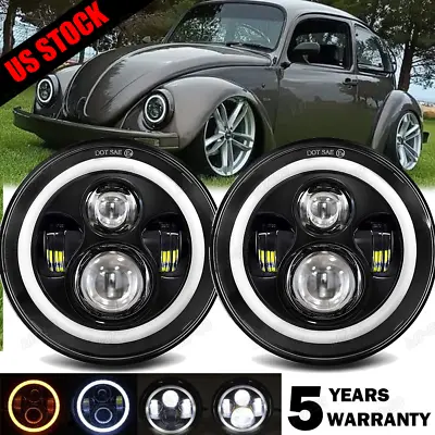 Pair 7  Inch Round LED Headlights Hi/Low Beam Halo DRL For VW Beetle 1950-1979 • $46.88