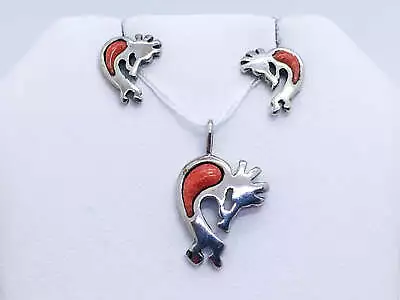 VINTAGE Coral Kokopelli 925 Sterling Silver Earrings/Pendant Set • $85.49