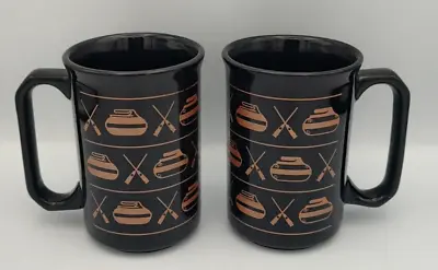 Set Of 2 Vintage Curling Black Bronze Coffee Mug Tea Cup Rock Stone Broom Design • $19.95