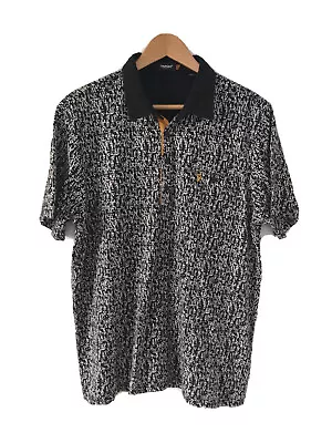 FARAH Men's Polo Golf Shirt Geo Retro Patterned Short Black & White Cotton L • £17.99