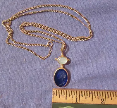 Vintage Sterling Silver Vermile Necklace Blue Glass Intaglio Cameo 24'' Gf Chain • $32