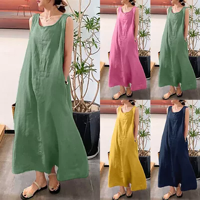 Women Cotton Linen Plus Size Maxi Dress Ladies Loose Beach Party Kaftan Sundress • $32.39