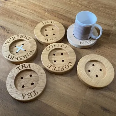 Solid Oak Wooden Button Coasters Engraved TEA COFFEE MUM Or DAD • £10