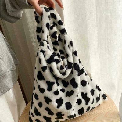 £6.34 • Buy Retro Cow Print Plush Women Fashion Big Capacity Shoulder Handbag Bag M8U8
