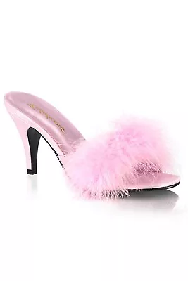 Pleaser USA Amour-03 Baby Pink Marabou Fur Slipper With Heel IN-STOCK • £55