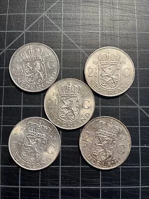 5x Netherlands Silver 2 1/2 Gulden 1959 1960 1961 1964 = 1.736 Oz ASW • $1