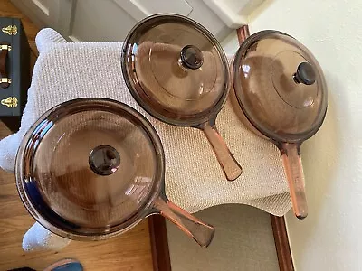 3 Corning Ware Sauce Pans- Amber Glass • $15