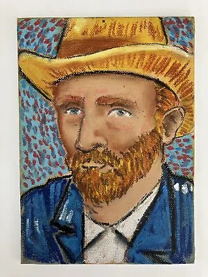 Blue Vincent Van Gogh Mini Original Portrait Small Painting  5x7 Red Dot Cute • $35