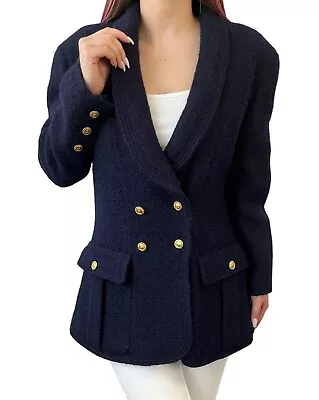 $1251 • Buy CHANEL Vintage Coco Mark Long Sleeve Jacket Dark Blue Wool Button Pocket RankAB