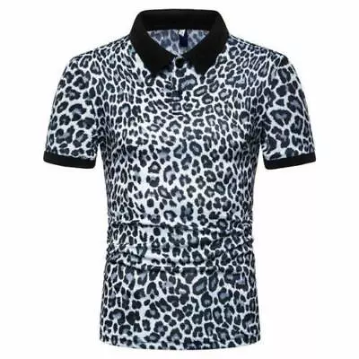 Men Leopard Print Short Sleeve T-shirt Turn Down Collared T Shirt Blouse 0628 • $19.99