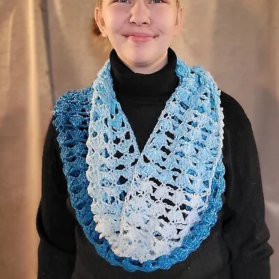 Lace Infinity Scarf - Handmade Crochet - Ombre Teal With Sequins • $13.99