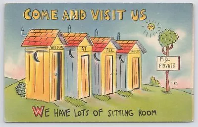 Comics~4 Outhouses & Message On Top Come And Visit Sitting Room~Vintage Postcard • $3.50