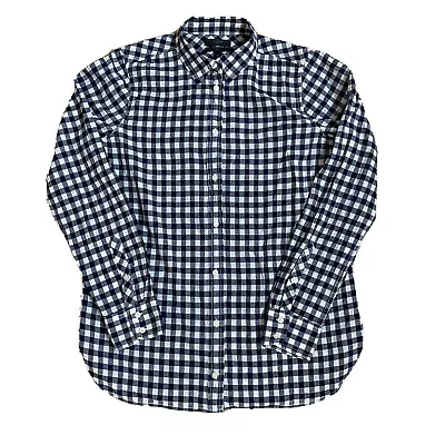 J Crew Womens Gingham Boy Shirt 6 Navy Blue White Long Sleeves Button Front EUC • $10.48