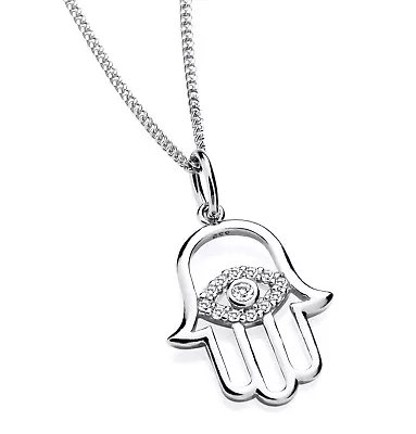 925 Sterling Silver Sparkling CZ Hand Of Hamsa Pendant Necklace 16 18 20 Inch • £14.95