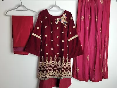 Fancy Velvet Salwar Kameez Suit Size Medium Handwork Maroon Eid Wedding Party • £30