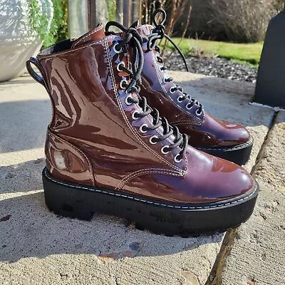 H&M Divided Brown Patent Combat Moto Boots Size 8 • $30