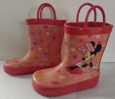 Minnie Mouse Rubber Rain Boots Disney Pull On Handle Pink Polka Dots Size 8 Girl • $17.79