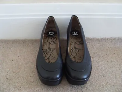 £14.99 • Buy ***black Leather Slip On Shoes With Wedge - Fly London - Size 41 (8)***