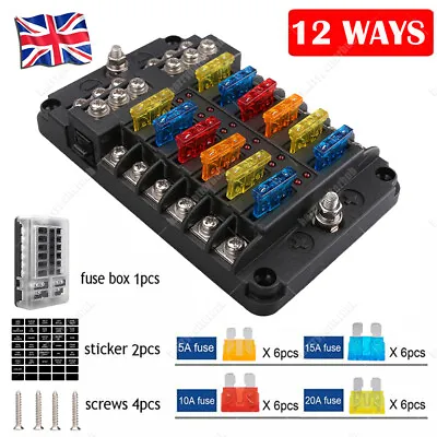 UK Blade Fuse Box 12 Way Distribution Bar Bus Boat Car Kit Marine Holder 12V/32V • £12.99