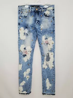 Reason Brand Jeans Mens 30x31 Lancaster Skull Distressed Bleached Blue Denim • $18