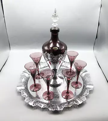 Cambridge Amethyst Farber Bros Decanter Set Tray 6 Sherry Glasses Orig Label • $195