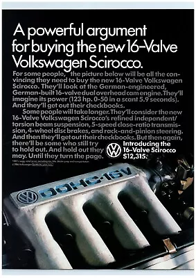 1986 Volkswagen Print Ad VW Scirocco 16-Valve Engine DOHC Cover Powerful Argume • $11.50