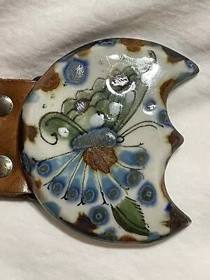 Ken Edwards Vintage Tonala Pottery Rare Butterfly BUCKLE MEXICO Leather Belt 30” • $38