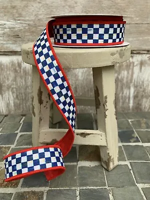 MacKenzie-Childs 1  Royal Check Ribbon - SOLD BY THE YARD Blue Red • $5