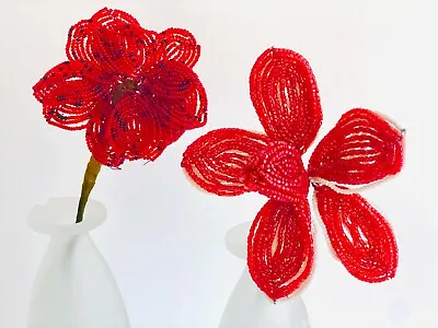 Vintage C1960s French Beaded Flowers In Red Red White French Glass Bead Flowers • $20.99