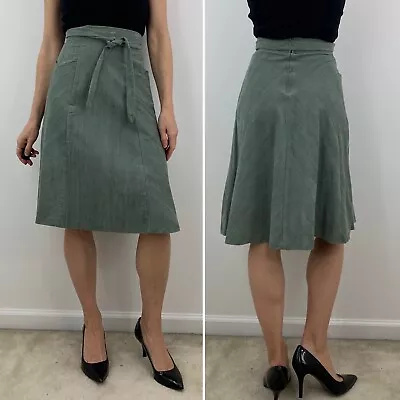 Vintage Y2K Sage Green Corduroy High Waist Belt Tie A Line Midi Skirt 4 • $18.99