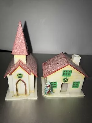 2 Vintage Hard Plastic Christmas Village Glitter House Cathedral Church • $6