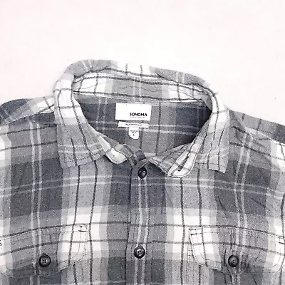 Sonoma Tartan Flannel Casual Long Sleeve Button Up Shirt Mens Size L Gray White • $14.99