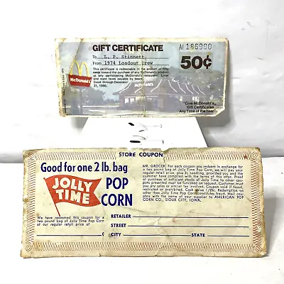 Vintage 1974 Mcdonalds 50 Cent Gift Certificate And Jolly Time Coupon • $8.95