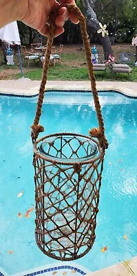 $25 • Buy Nautical Glass Hanging Candle Holder Braided Rope Fishing Net Cover With Handle