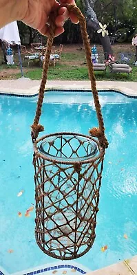 $25 • Buy Nautical Glass Hanging Candle Holder Braided Rope Fishing Net Cover With Handle