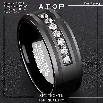 8mm Black Tungsten Carbide Ring Diamonds Inlay Comfort Fit ATOP Men Wedding Band • $23.69